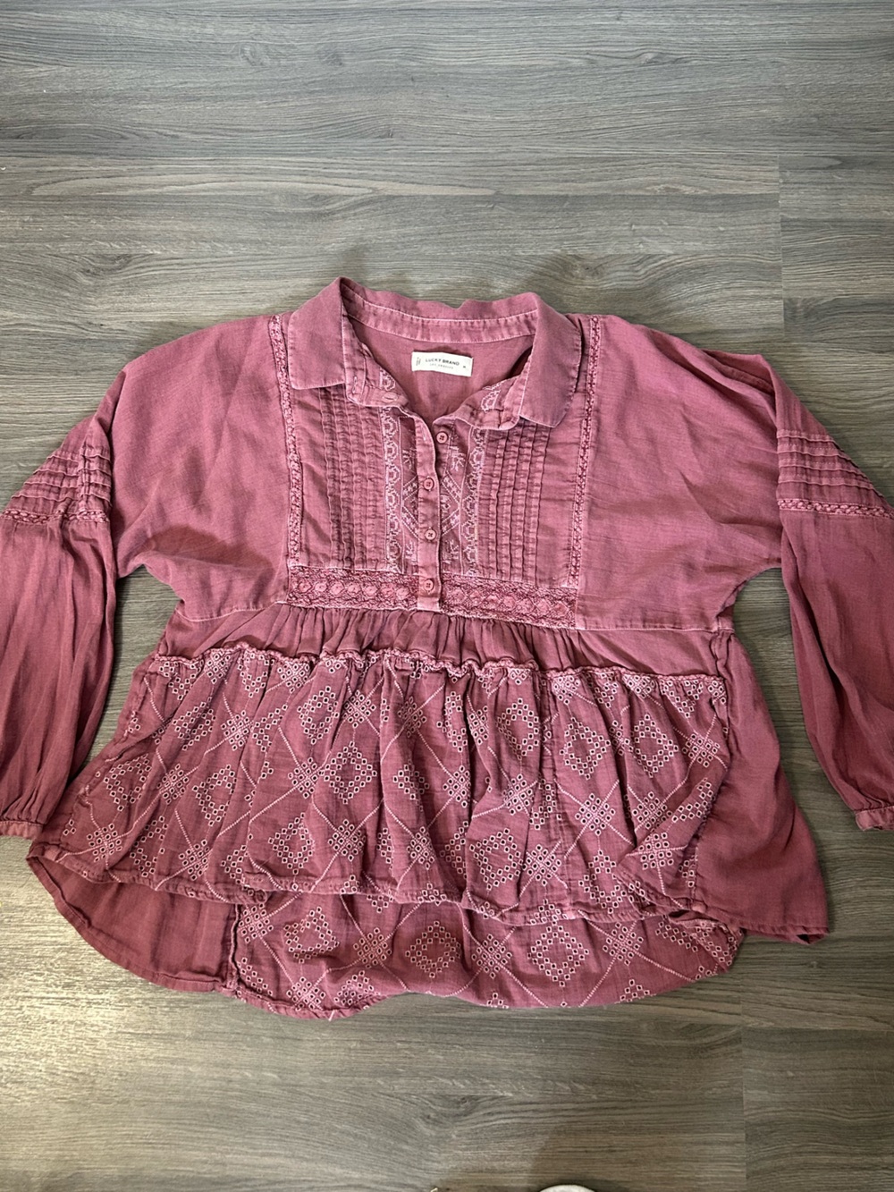 Lucky Brand Mauve Pink Embroidered Peasant Top Babydoll Top Textured Top